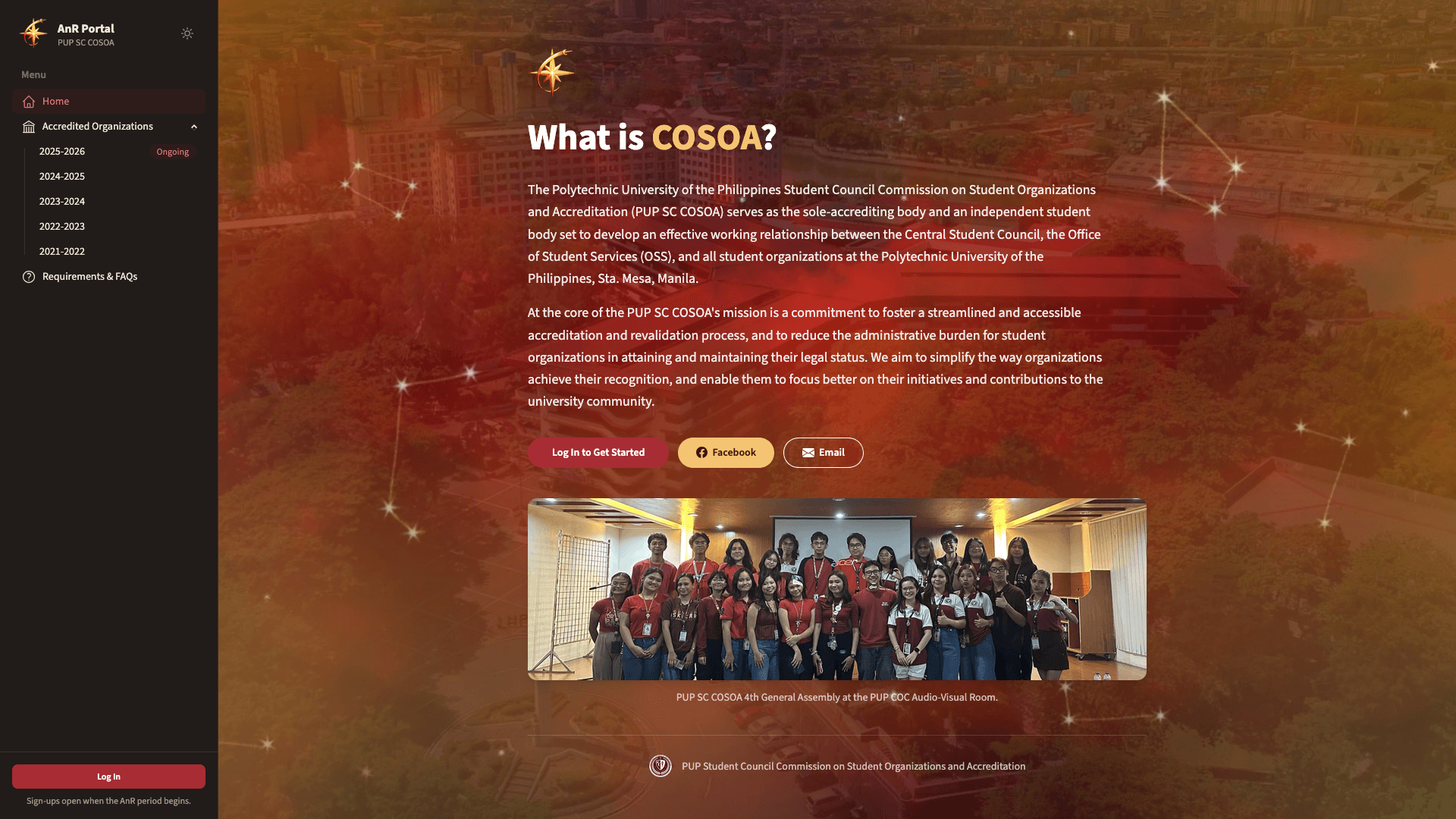 AnR Portal landing page explaining what PUP SC COSOA is