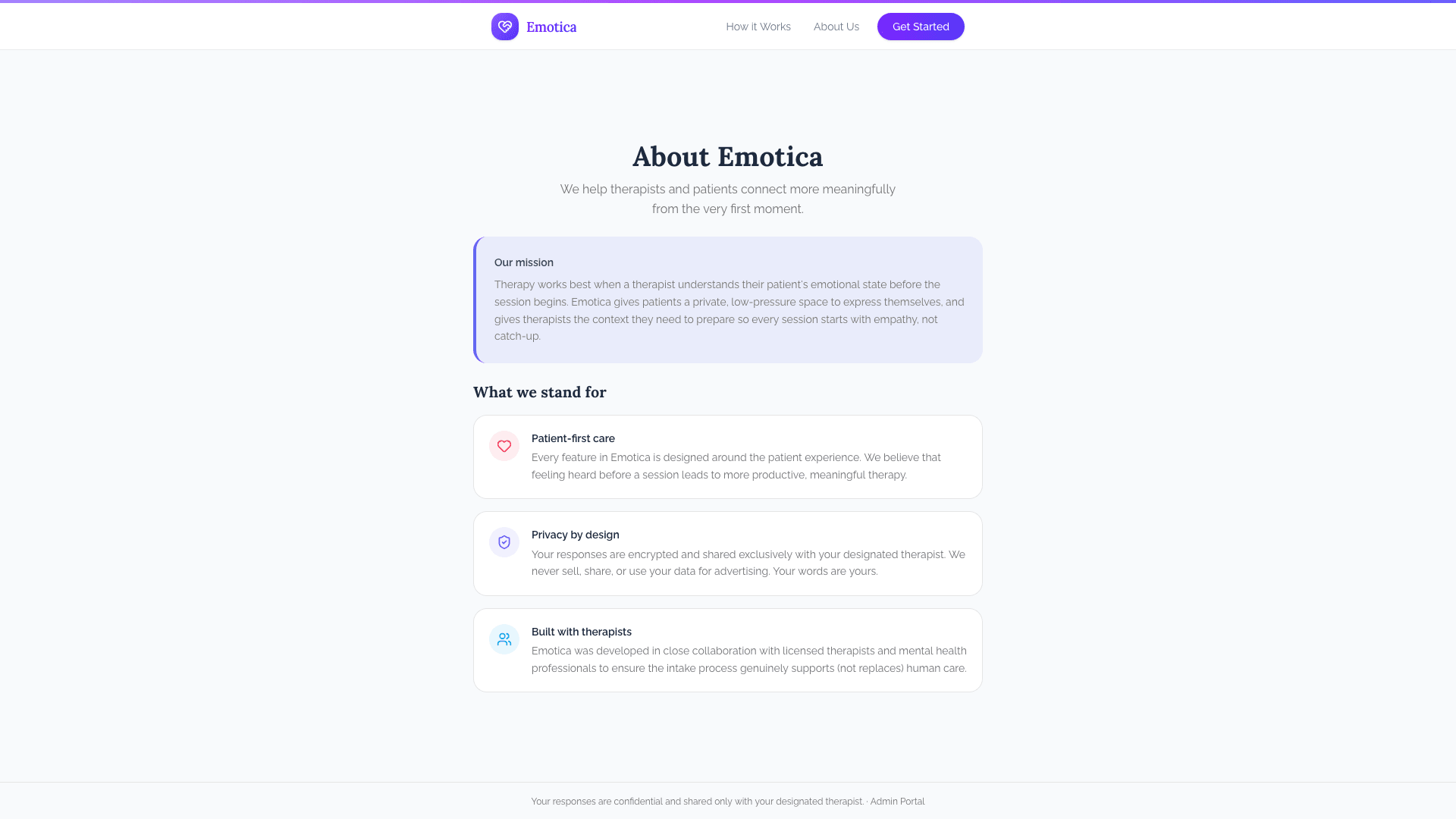 EmotiCare about page describing its mission and principles