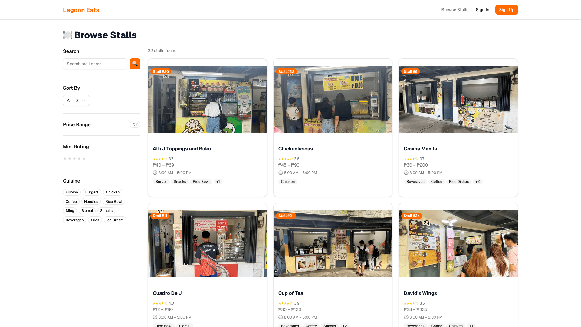 Lagoon Eats browse page with search, filters, and a stall grid