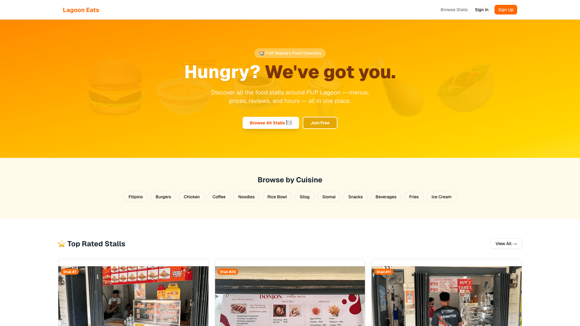 Lagoon Eats landing page: PUP Manila's food-stall directory