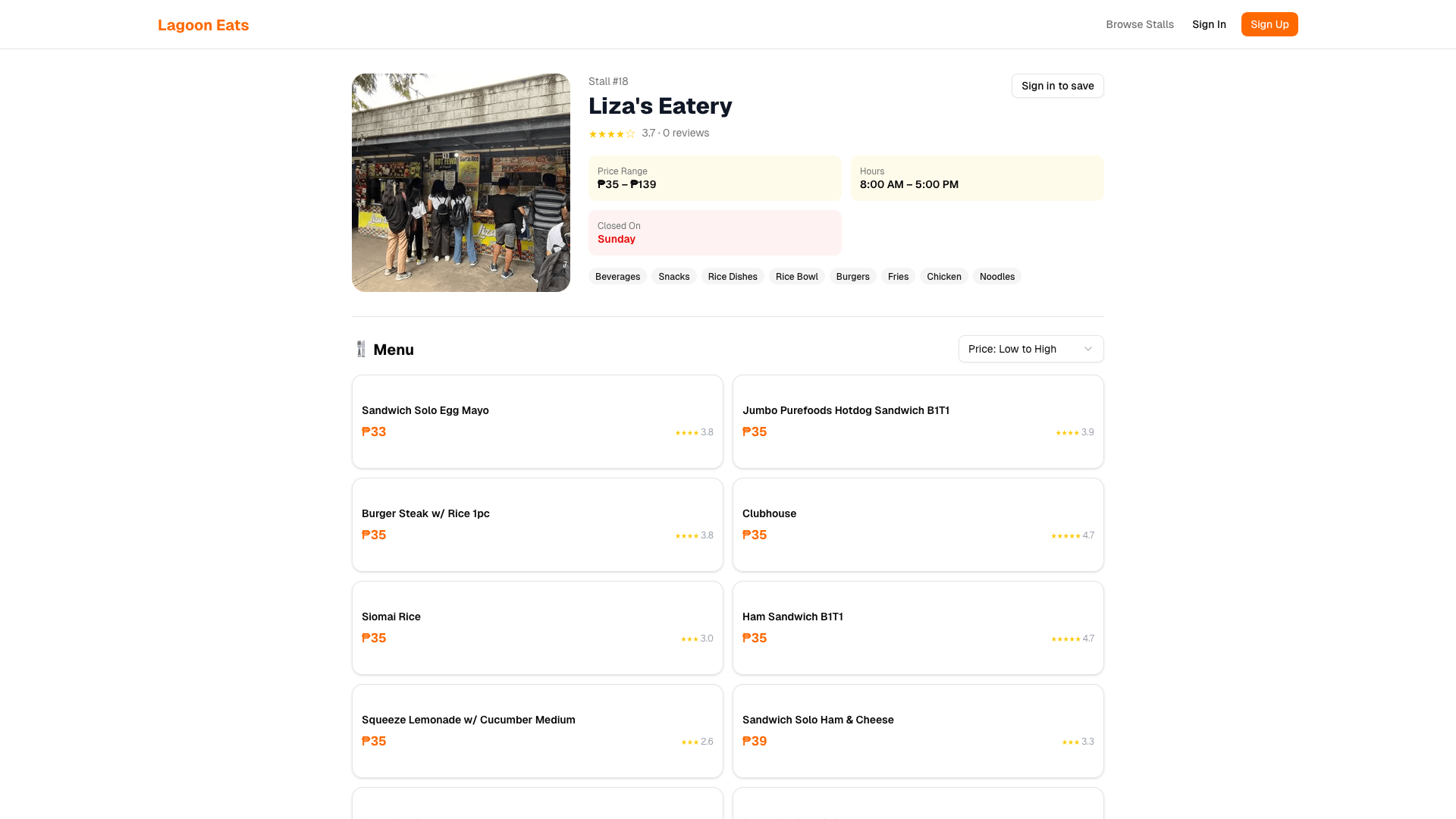 A Lagoon Eats stall detail page showing menu, price range, and hours