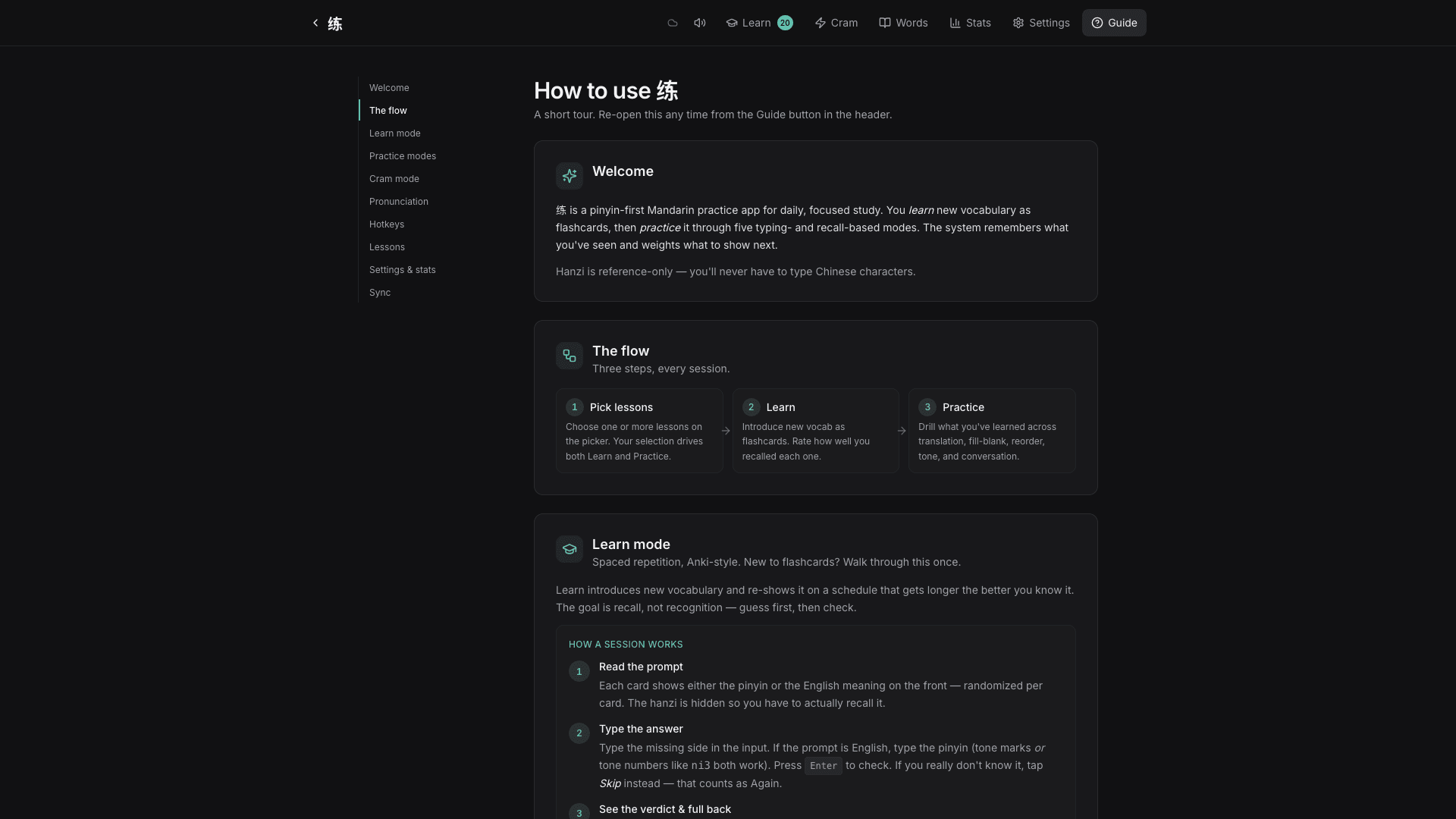 Mandarin Practice in-app guide explaining the study flow